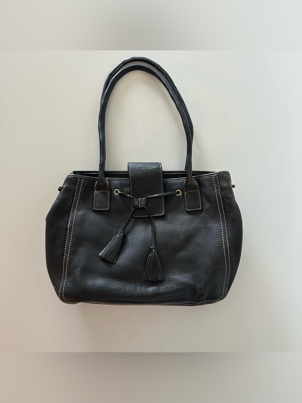 Vintage Y2K Lands End Black Leather Shoulder Bag Purse Tassle Contrast Stitch